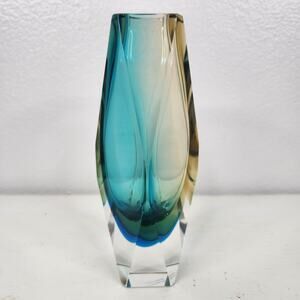 Murano Flavio Poli Faceted Glass Vase Signed Blue Yellow Ombre Art Decor